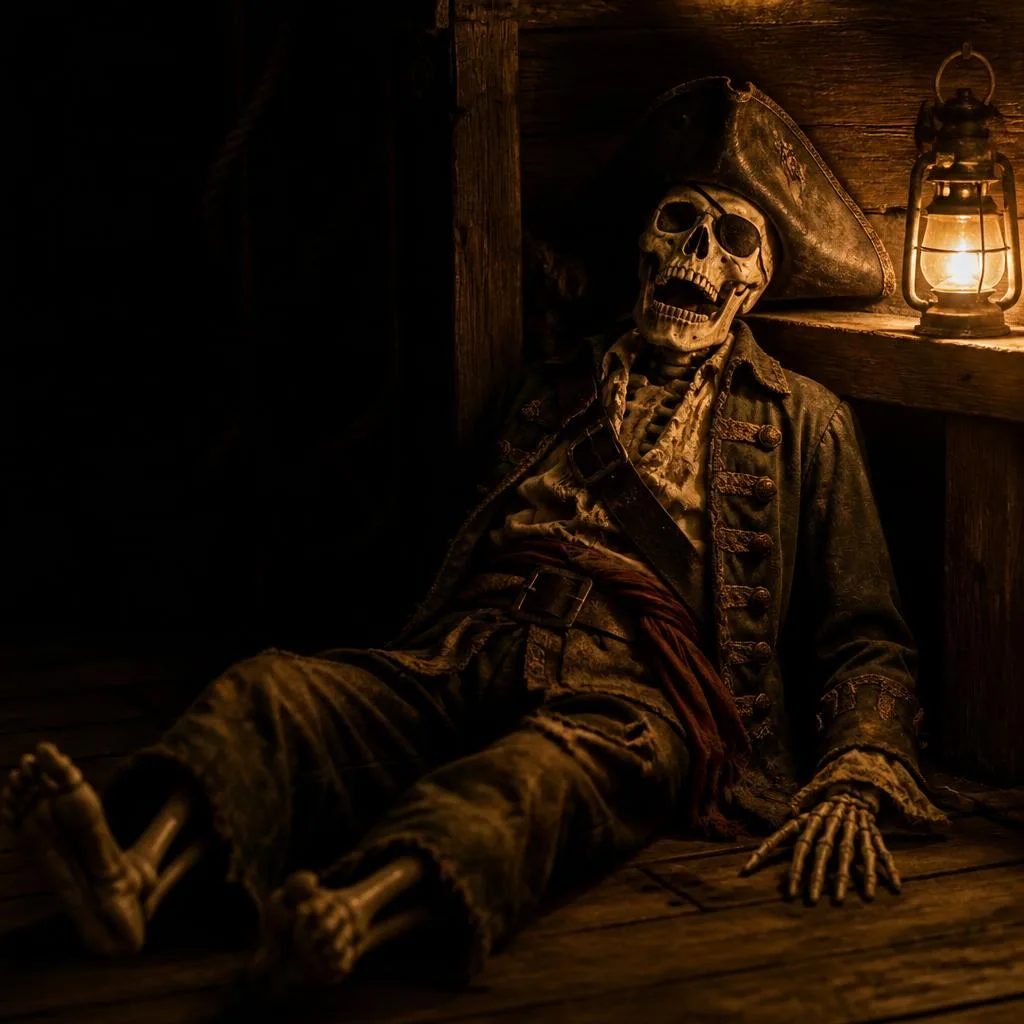 Skeleton in a shipmaster's coat and eye patch slumped in a lantern-lit corner of a ship's hold